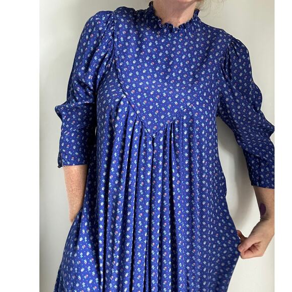 Vintage 80s Womens Midi Dress Size M 6-8 Blue Micro Floral Prt Prairie Dress - Picture 1 of 12